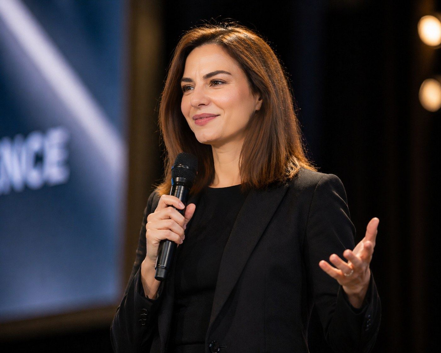 Eleni Rizopoulou speaking on stage